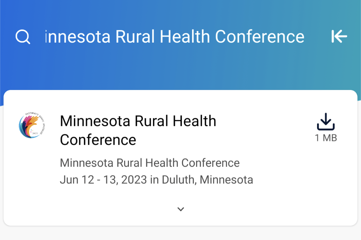Screenshot of the Cvent search interface showing the Minnesota Rural Health Conference event.